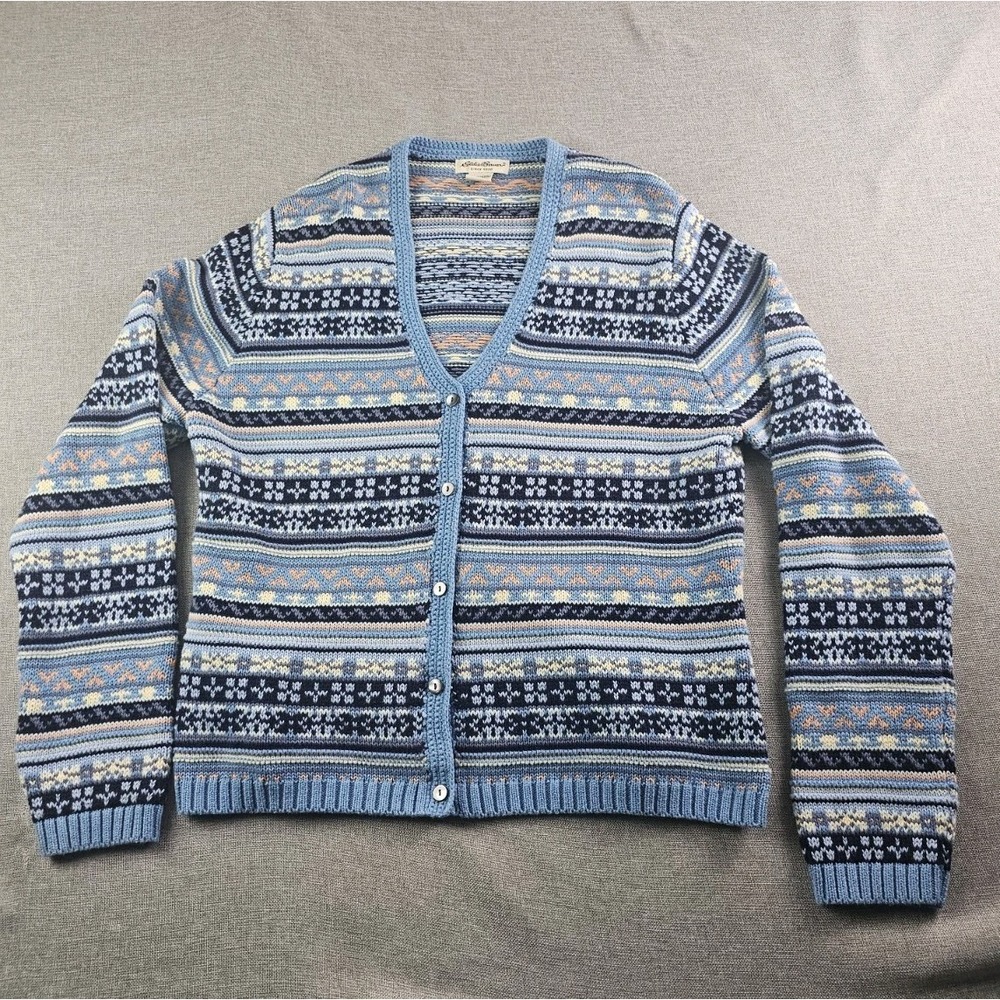 VTG Eddie Bawer Cardigan Sweater Womens Medium Blue Fair Isle Knit Button Front